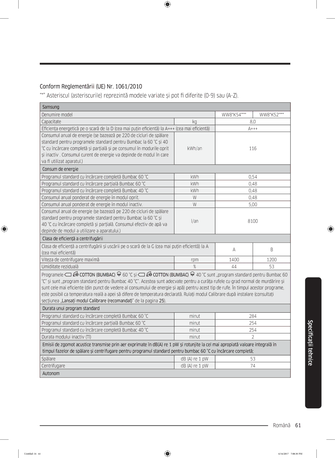 Samsung WW90K5410UX/LE manual Română 61  